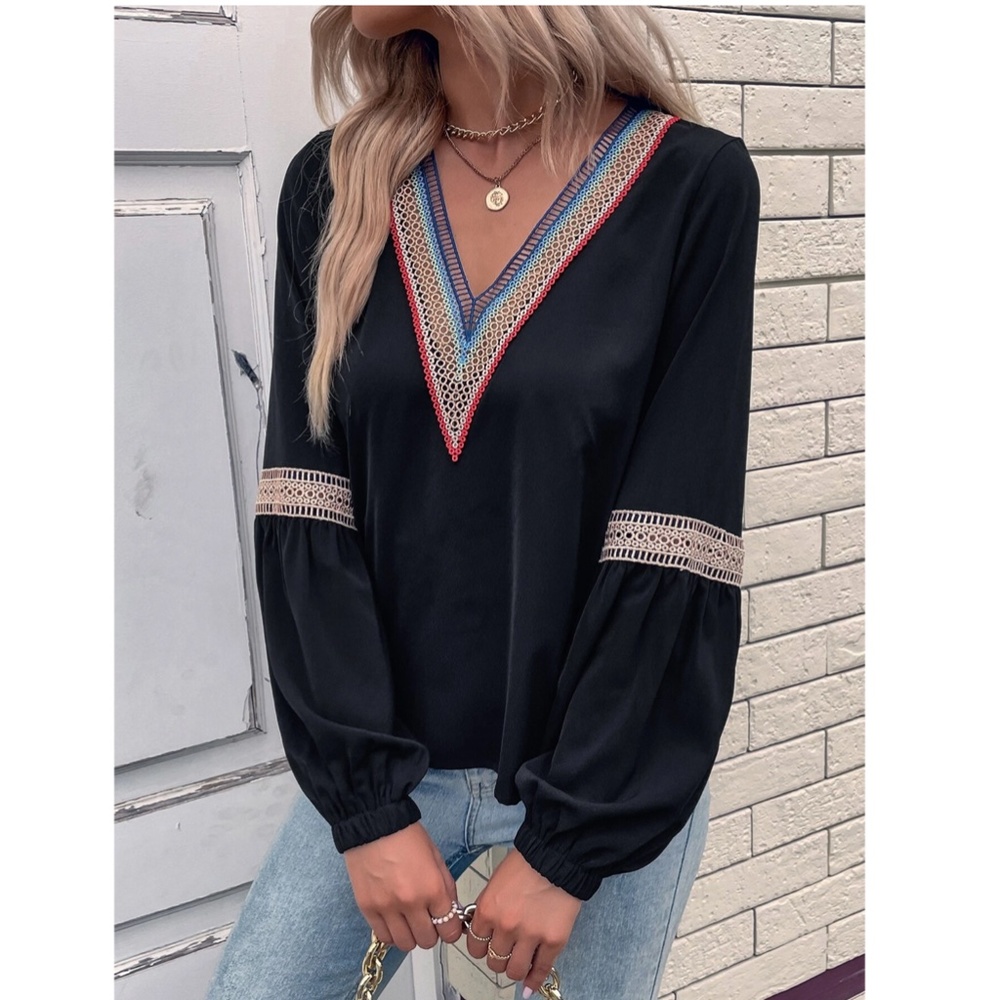Eylet Embroidery Trim V-Neck Boho Shirt Black , Long  Lantern Sleeve - Picture 3 of 7